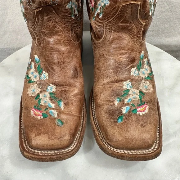 Macie Bean floral brown cowboy boots square toe rose garden leather pink blue - Picture 7 of 11